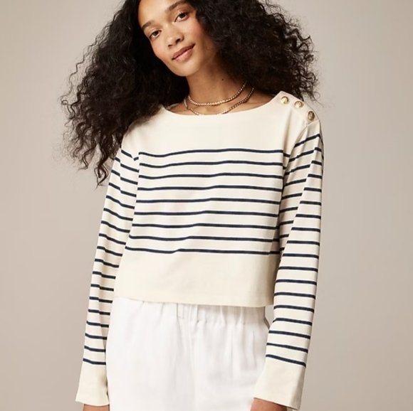 J. Crew Tops - J. Crew Striped Cropped Boatneck Top Size Small Mariner Cotton Button Shirt